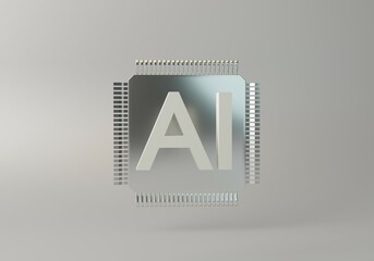 AI tech on white background. Circuit board, AI computer microchip. Future business technology. Minimal 3D render.