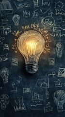 A glowing light bulb surrounded by hand-drawn sketches and ideas on a dark background.
