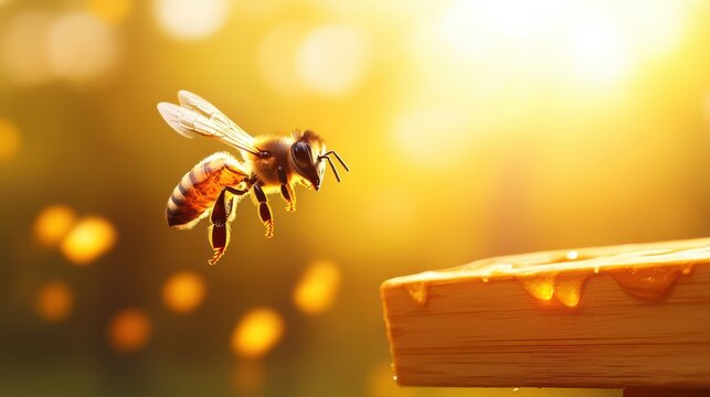A bee hovering near a wooden hive, surrounded by golden sunlight, capturing the essence of nature and pollination.