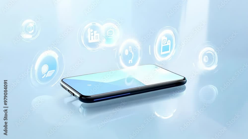 Poster smartphone with floating app icons against a light background