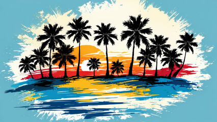 Fototapeta premium Painting of a palm tree on a beach with a sunset in the background and a blue sky with clouds