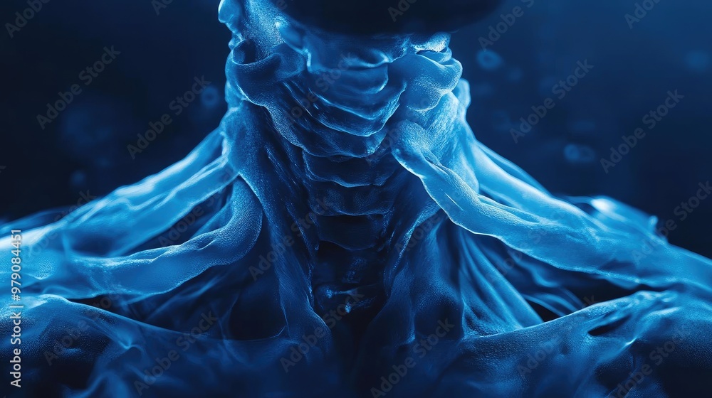 Poster abstract representation of a human spine in blue hues, emphasizing the elegance of anatomy through f