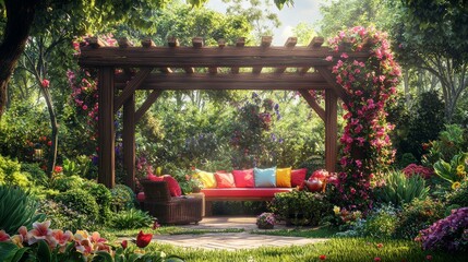 Obraz premium Comfortable seating and colorful cushions surround a lush green outdoor living space.