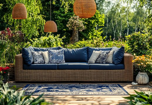 A large blue sectional sofa and round wooden coffee table are surrounded by plants on this covered outdoor patio with a covered roof.