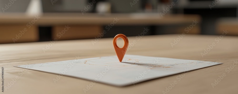 Poster map with an orange location pin, symbolizing navigation and direction on a wooden table.