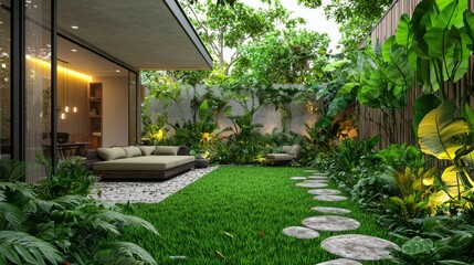 Fototapeta premium There is nothing better than relaxing on a patio furnished with comfortable furniture and lush landscaping.