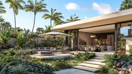 Fototapeta premium On this modern outdoor patio with lush greenery, there is a comfortable seating area under a large umbrella.