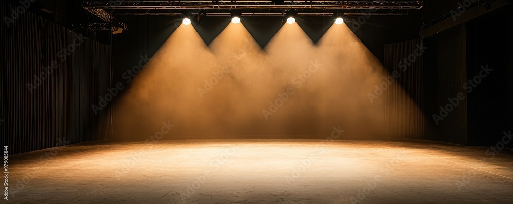 Poster an empty stage or studio illuminated by spotlight, creating a dramatic atmosphere perfect for perfor