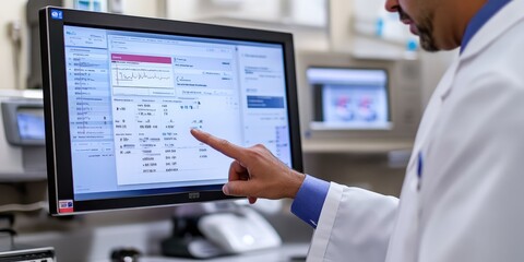 A healthcare provider accessing a patients comprehensive health records on a digital platform, with integrated data from various sources like lab results, medical history
