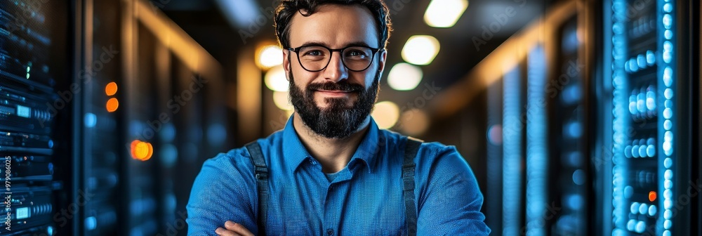 Poster portrait of a confident it engineer with crossed arms standing in a data center server room