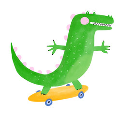 Cute Green Alligator Skateboarding. Happy Crocodile on a White Background. Nursery Art with Funny Alligator Ideal for Kids' Room Decoration. Cool Vector Print with Crocodile on a Skateboard. 
