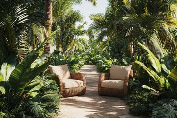 Fototapeta premium It features a modern lounge chair and wicker side table set in a tropical garden setting.