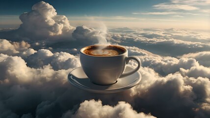 A Steaming Cup of Coffee Floating Above the Clouds with a Majestic Mountain Sunrise