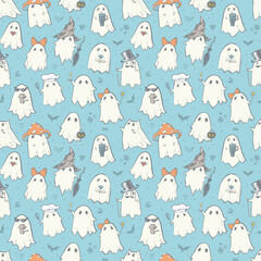 Obraz premium Seamless pattern of doodle ghosts in various costumes on a light blue background. Can be used for wallpaper, pattern fills, textile, web page background, surface textures.