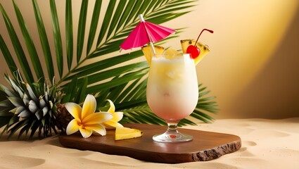 A vibrant tropical drink garnished with a pineapple slice and a colorful flower, perfect for summer vibes and relaxation