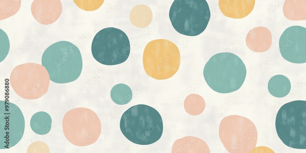 Poster a playful pattern of colorful, textured circles on a light background.