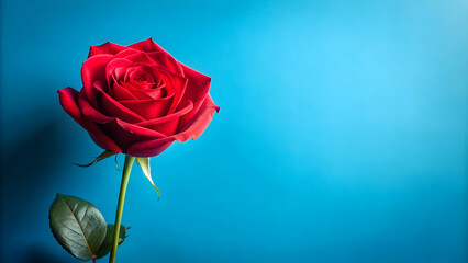 Fototapeta premium Red rose on blue background Valentine's day card, red rose, blue background, Valentine's day, love, romance, flower
