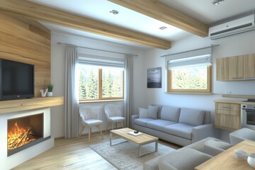 Fototapeta premium Modern Living Room Interior With Fireplace, Sofa, And Wooden Accents In Rustic Design.