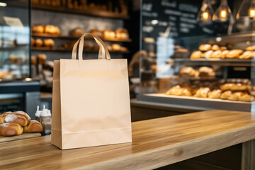 Brown paper bag mockup on a wooden counter in a bakery setting, with freshly baked bread and pastries displayed in the background, highlighting a rustic ambiance.