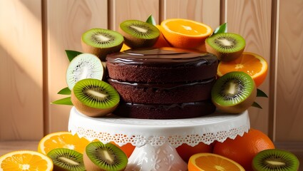  A delicious cake topped with fresh kiwi slices and vibrant oranges, perfect for dessert lovers and fruit enthusiasts.