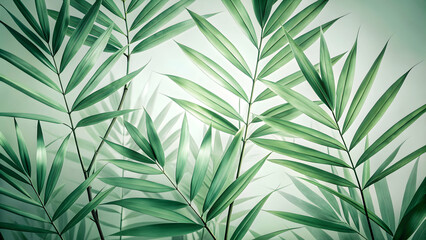 Close-up minimalist x-ray macro photograph of bamboo palm leaves in soft green tones, Bamboo palm, leaves, close-up