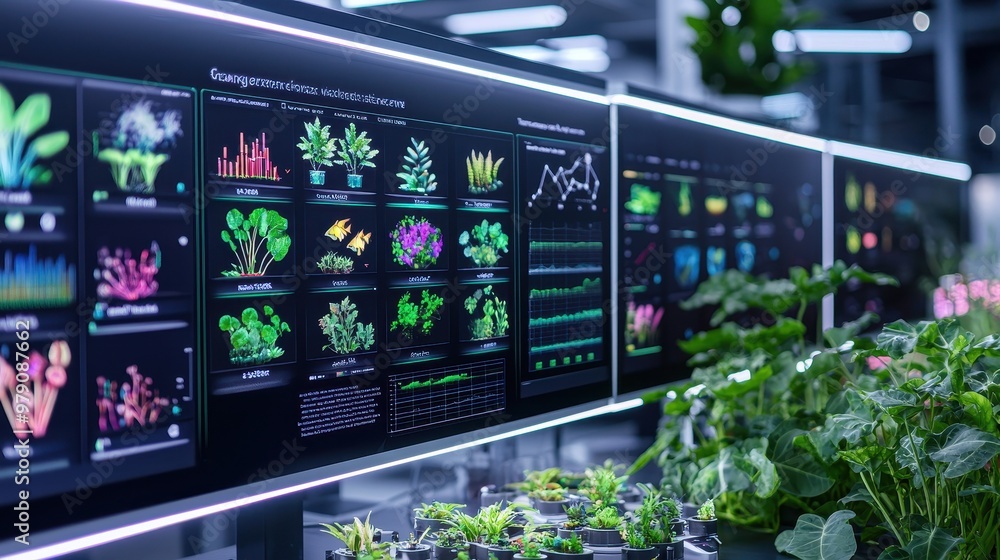 Poster plant growth monitoring system with data analysis on computer screens in a modern greenhou