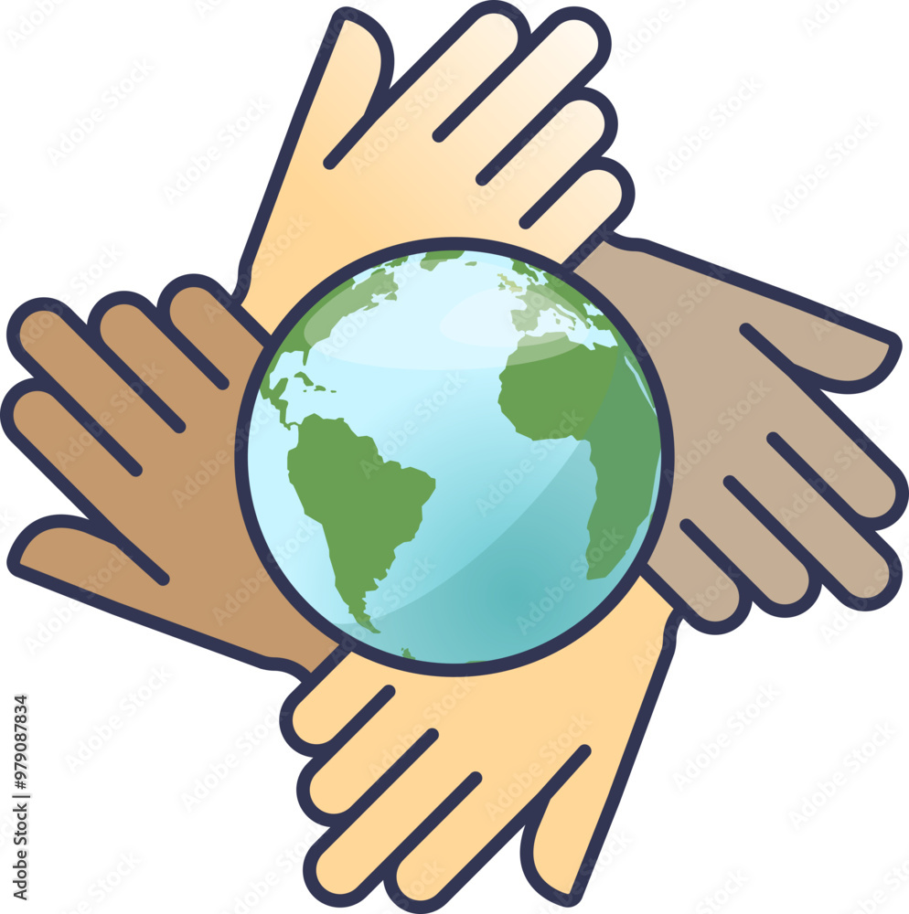 Aufkleber four hands of different colors embracing a globe, symbolizing global unity and protection.