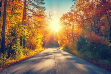 Obraz premium The sun rises over the road, creating a spectacular spectacle of light