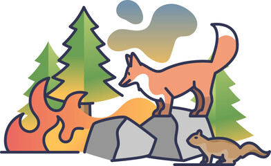 Illustration of forest animals, including a fox and a squirrel, amidst wildfires with trees and flames in the background.