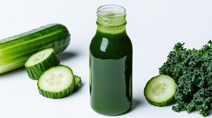 A fresh bottle of green juice, made from kale, cucumber, and celery, standing out against a white background, ideal for promoting healthy beverages