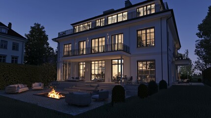 Modern suburban home with a minimalist front fa&ccedil;ade and outdoor patio furniture and fire pits