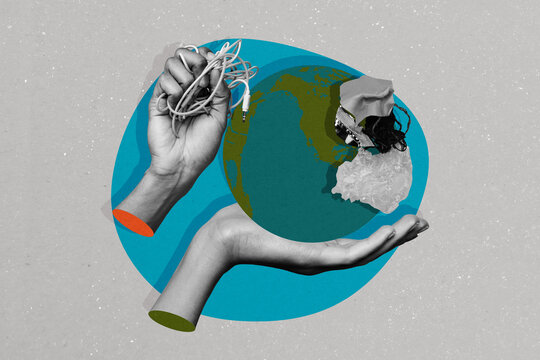 Creative collage 3d hands hold planet earth map continent headphones cable body fragments pollution eco care wrists drawing background