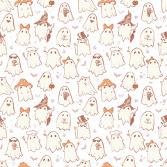 Fototapeta premium Seamless pattern of doodle ghosts in various costumes on a white background. Can be used for wallpaper, pattern fills, textile, web page background, surface textures.