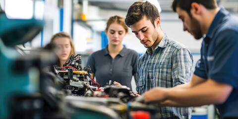 A group of adults in a vocational training environment, learning hands-on skills such as automotive repair or electrical work, with tools and equipment surrounding them.
