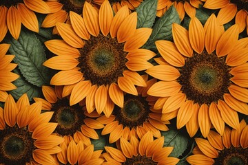 close-up of retro orange sunflower patterned wallpaper with textured surface, showcasing vintage floral design from the 1970s