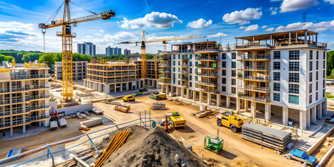 Fototapeta premium Busy construction site of new apartment building, construction, site, building, new, apartment, busy, progress