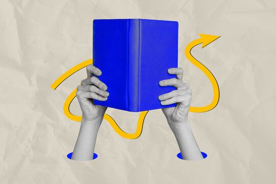 Composite photo collage of people hand hold open book read new bestseller novel library reader arrow reader isolated on painted background