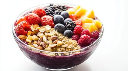 A healthy acai bowl topped with a colorful assortment of fruits, nuts, and seeds, isolated on a clean white background