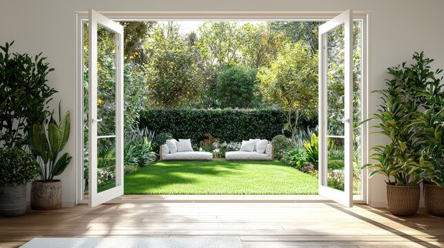 Fototapeta Summer garden and patio seen through bifold doors in stylish designer room.