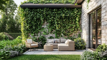 An idyllic countryside setting with comfortable furniture and lush greenery for rustic outdoor living