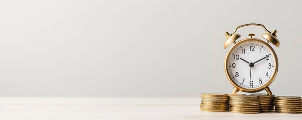 A vintage alarm clock beside a stack of coins, symbolizing the relationship between time and money management.