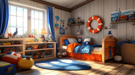 A computer-generated image of a child's bedroom decorated with a nautical theme and toys.