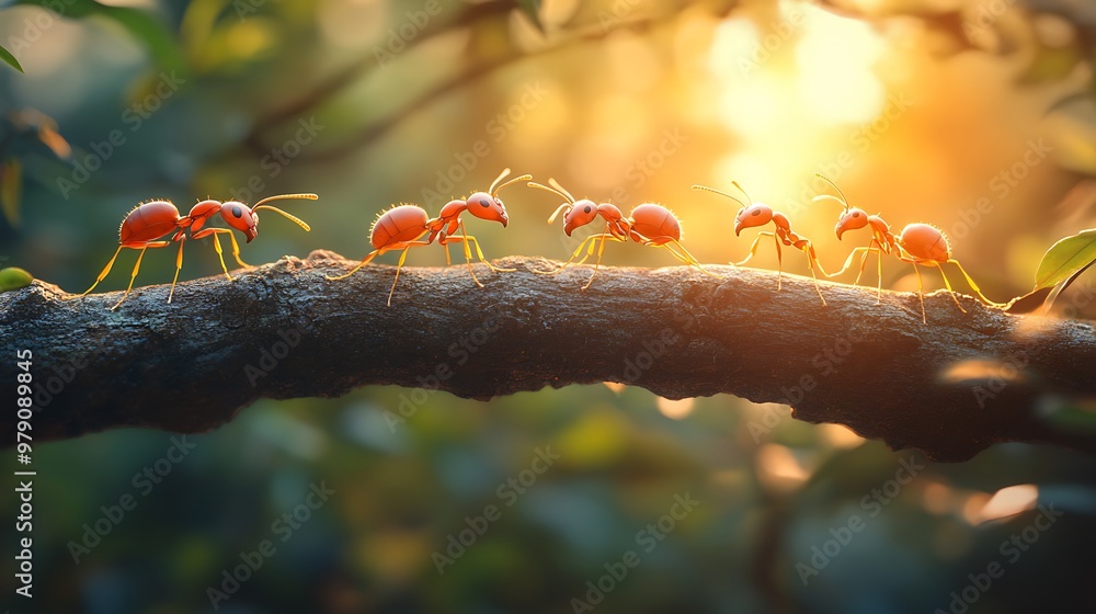 Aufkleber red ants marching in a line on a branch with the setting sun in the background.
