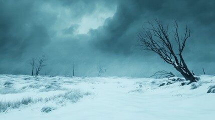 A desolate winter landscape featuring snow-covered ground and a solitary tree against a dramatic cloudy sky.