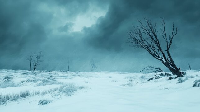 A desolate winter landscape featuring snow-covered ground and a solitary tree against a dramatic cloudy sky.