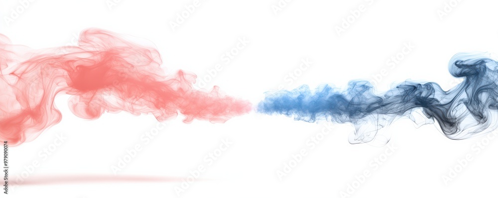 Poster beautiful abstract smoke in red and blue colors blending in a white background, creating a mesmerizi