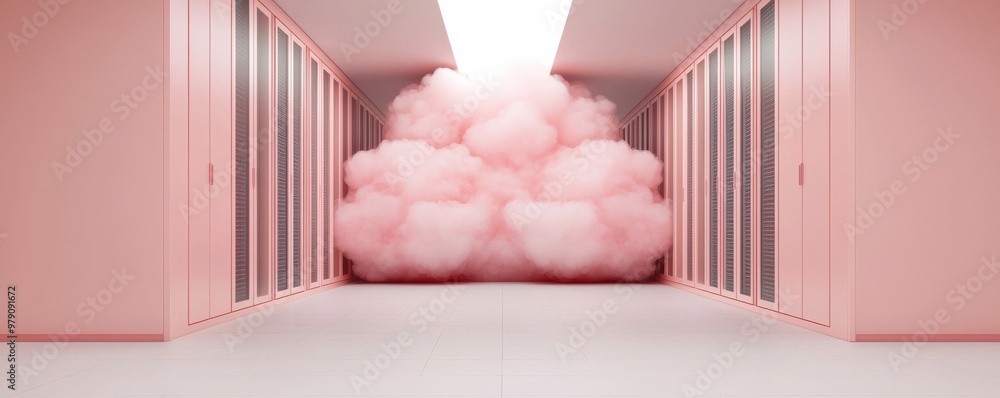 Poster a serene pink hallway with soft cloud formations, creating a dreamy and whimsical atmosphere for var