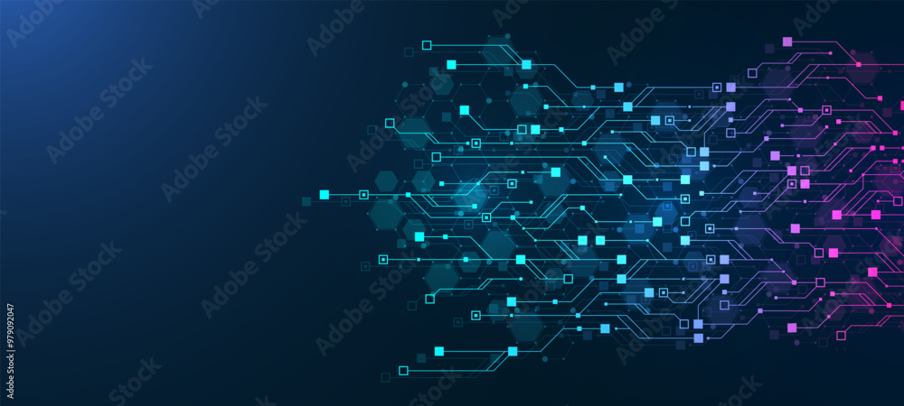 Aufkleber Digital technology abstract background with AI circuit board texture. Technology connected blue lines with electronics elements on tech BG. Semiconductor hardware. Cyber engineering.