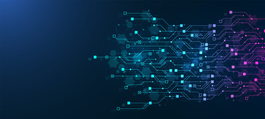 Digital technology abstract background with AI circuit board texture. Technology connected blue lines with electronics elements on tech BG. Semiconductor hardware. Cyber engineering.