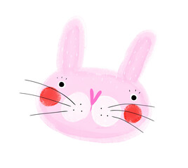 Cute Bunny With Red Blushes. Lovely Hand Drawn Nursery Vector Art with Funny Pink Rabbit Head on a White Background. Simple Printable Kids Room Decoration with Happy Rabbit Toy. Easter Bunny. 